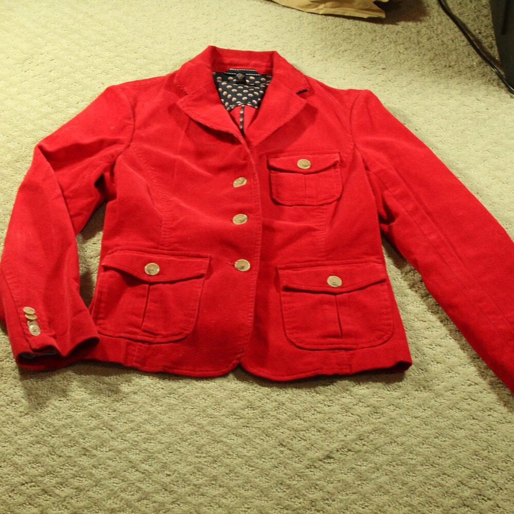 Lands' End Red Micro Corduroy Button Up Long/S Cotton Spandex Jacket Women's 6P